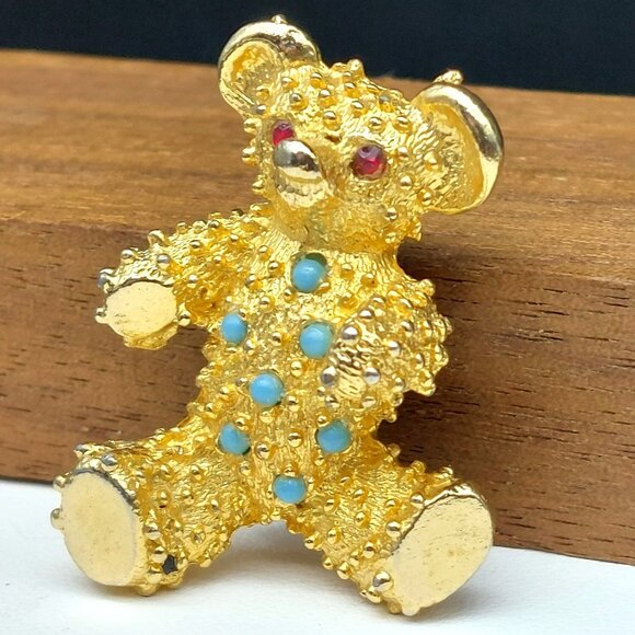 Vintage Gold-Tone Teddy Bear Brooch With Red Rhinestones Pinback Jewelry - Picture 2 of 5